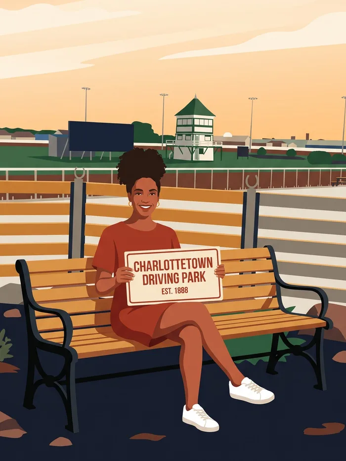 Woman on a bench with a Driving Park 1888 board