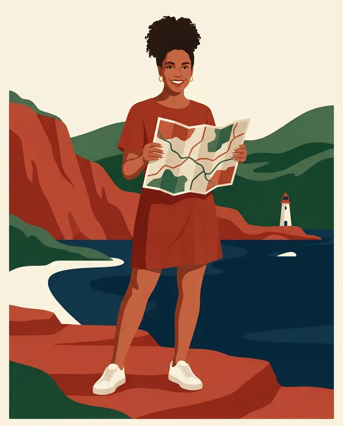 Young woman with a road map on red sandstone by the sea